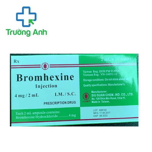 Bromhexine injection 2mg Siu Guan - Thuốc điều trị rối loạn dịch tiết phế quản