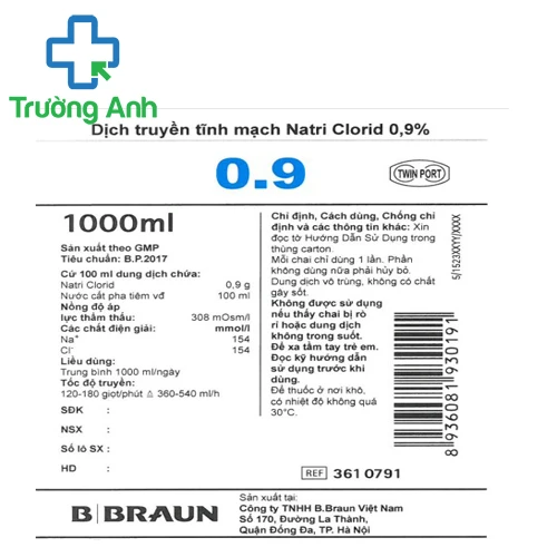 Dịch truyền tĩnh mạch Natri clorid 0,9% B.Braun 1000ml - Giúp bổ sung natri clorid và nước